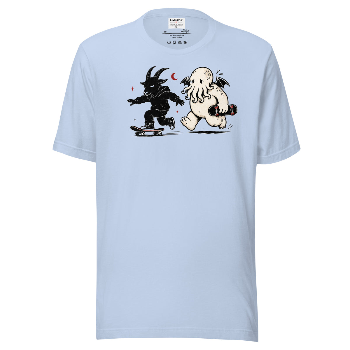 Skate & Summon LivEƎvi⅃ graphic tee in baby blue, front view