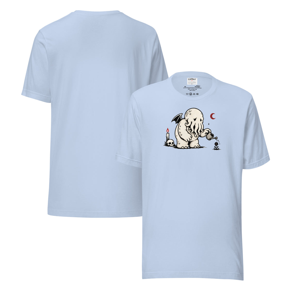 Water the Weird Cthulhu LivEƎvi⅃ graphic tee in baby blue, front and back view