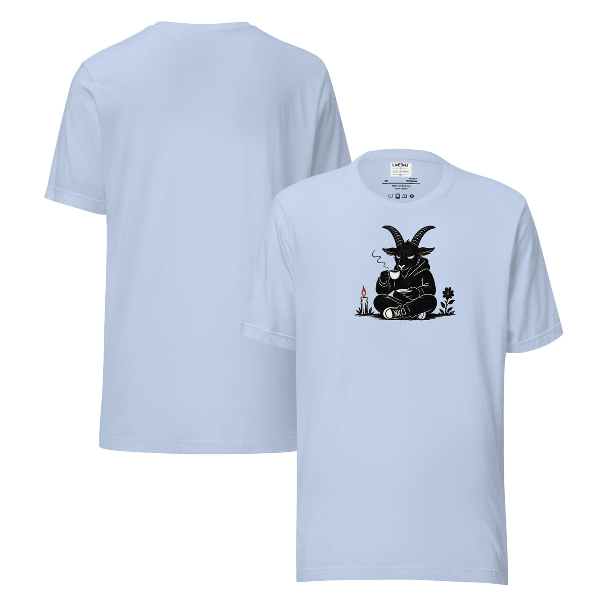 Baph's Tea Break LivEƎvi⅃ graphic tee in baby blue, front and back view