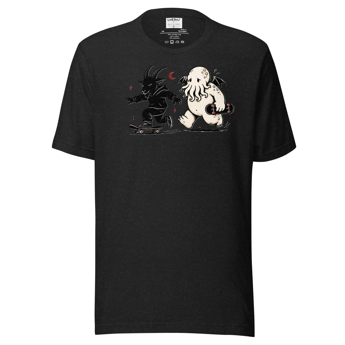 Skate and Summon Baphomet and Cthulhu LivEƎvi⅃ graphic tee in black heather