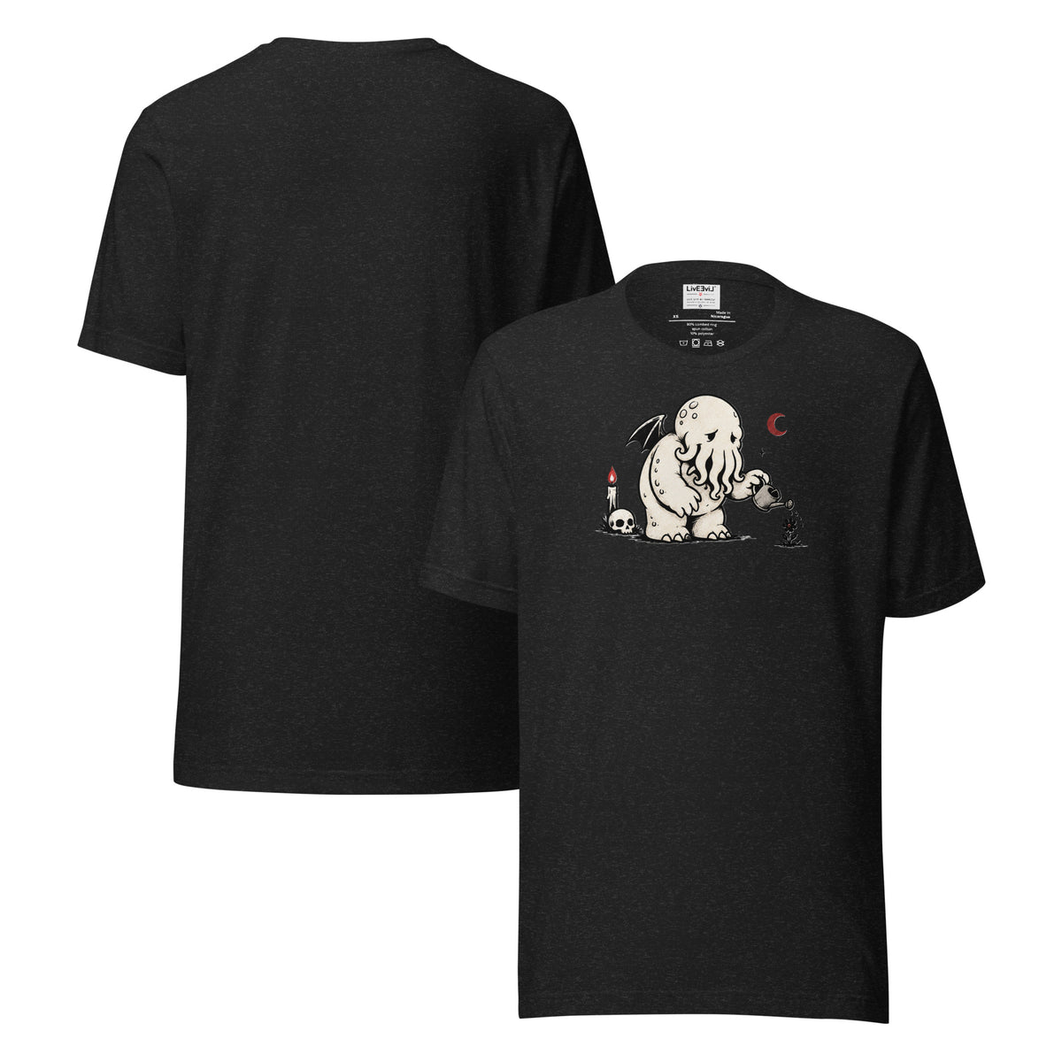 Water the Weird Cthulhu LivEƎvi⅃ graphic tee in black heather, front and back view