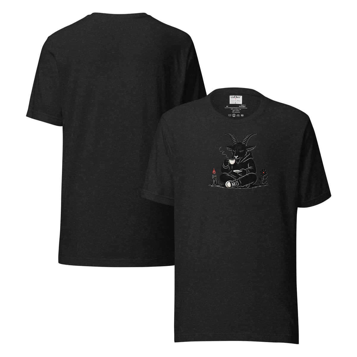 Baph's Tea Break LivEƎvi⅃ graphic tee in black heather, front and back view