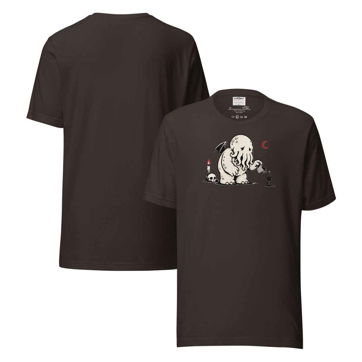Water the Weird Cthulhu LivEƎvi⅃ graphic tee in brown, front and back view