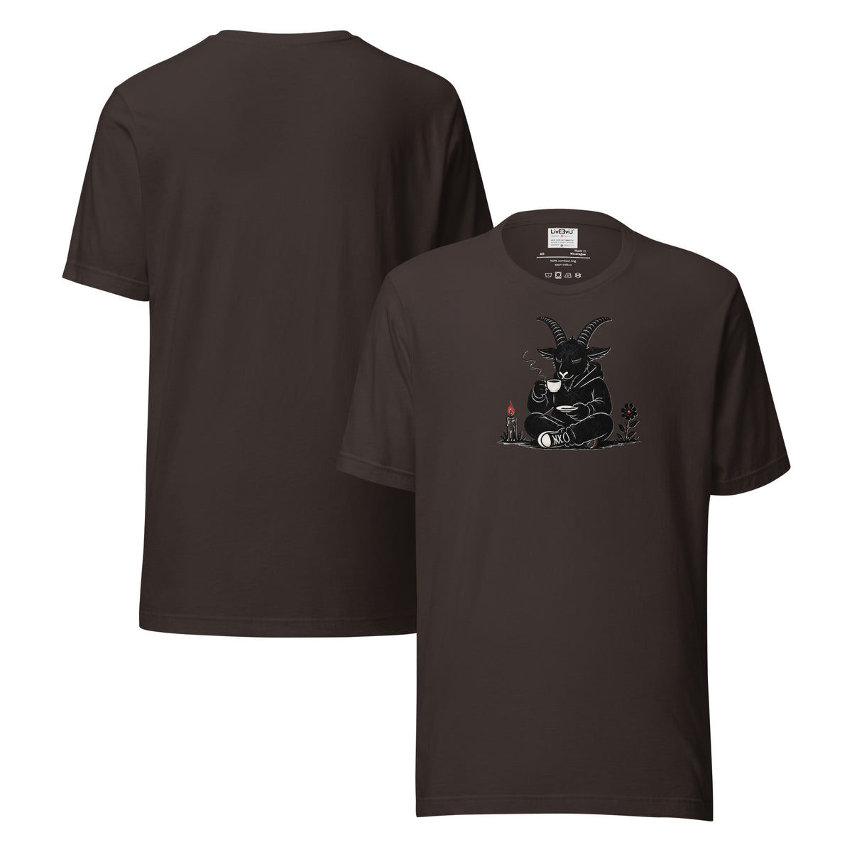 Baph's Tea Break LivEƎvi⅃ graphic tee in brown, front and back view