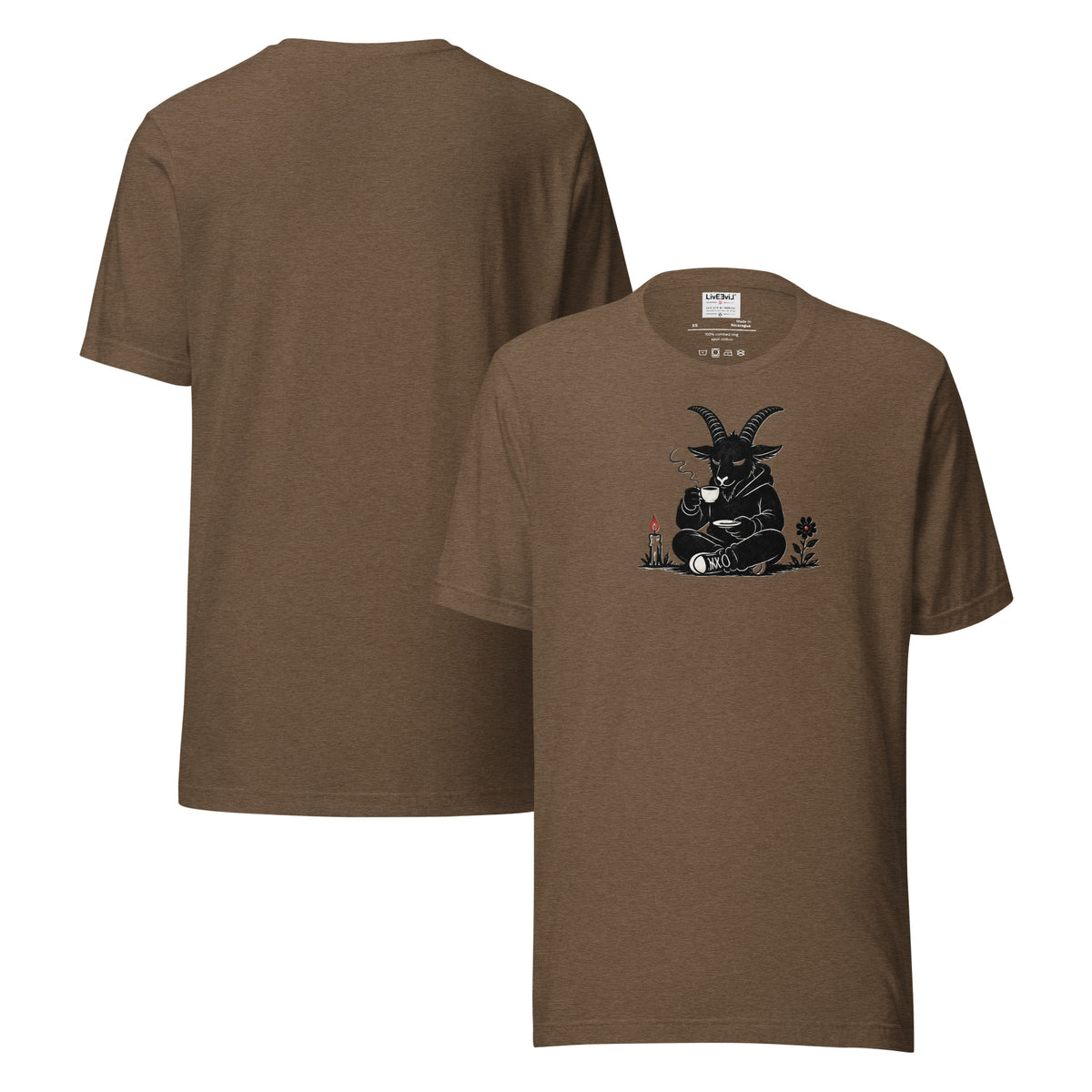 Baph's Tea Break LivEƎvi⅃ graphic tee in heather brown, front and back view
