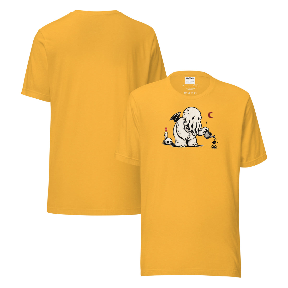 Water the Weird Cthulhu LivEƎvi⅃ graphic tee in heather yellow gold, front and back view