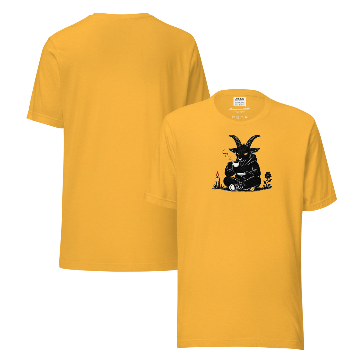 Baph's Tea Break LivEƎvi⅃ graphic tee in heather yellow gold, front and back view