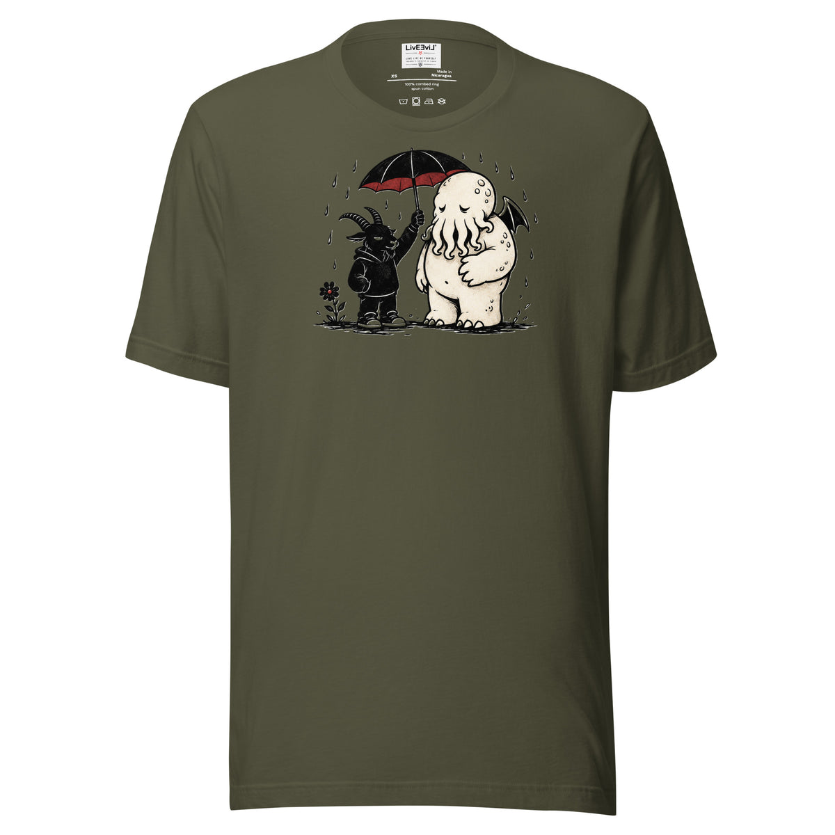 Rainy Day Ritual LivEƎvi⅃ graphic tee in military green, front view