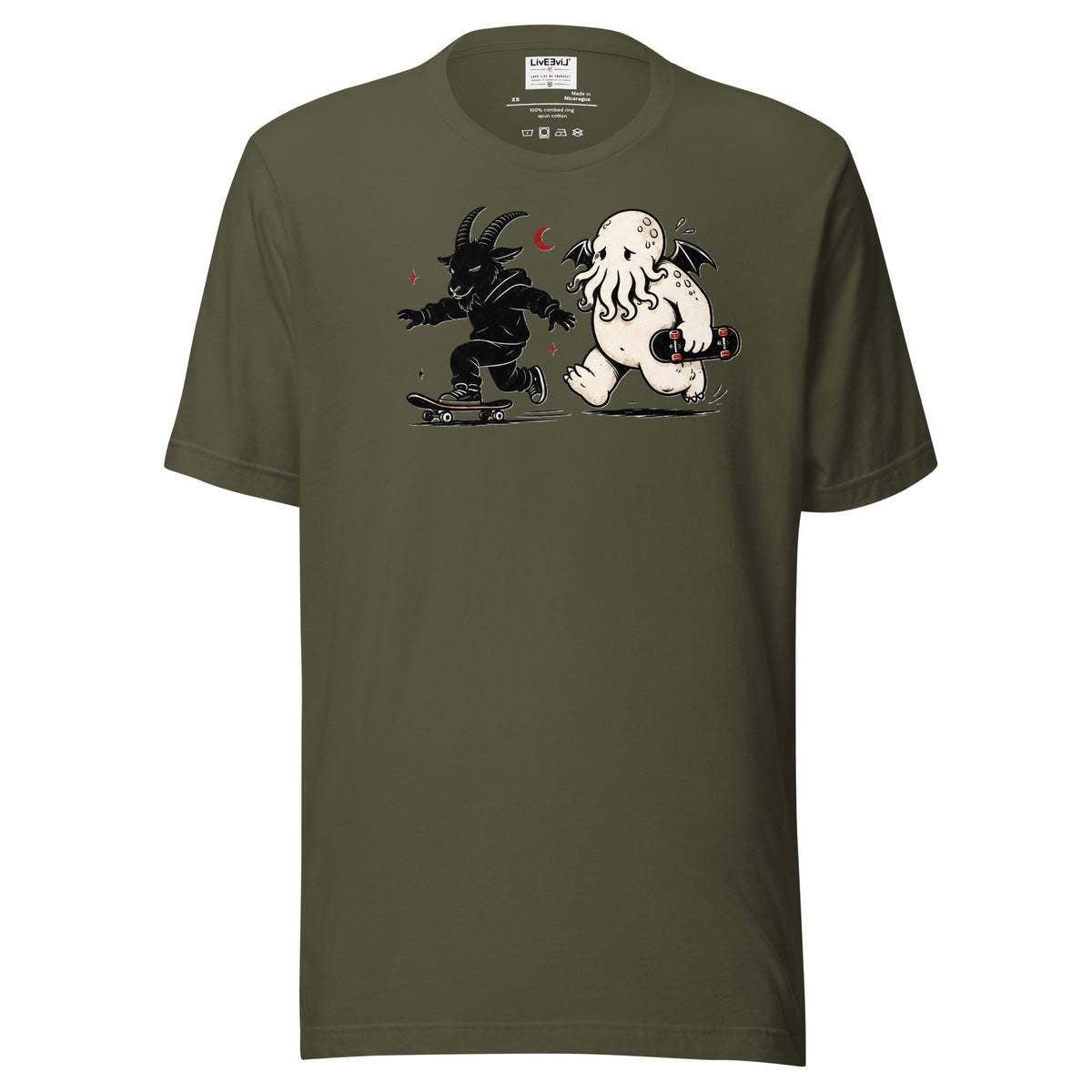 Skate & Summon LivEƎvi⅃ graphic tee in military green, front view