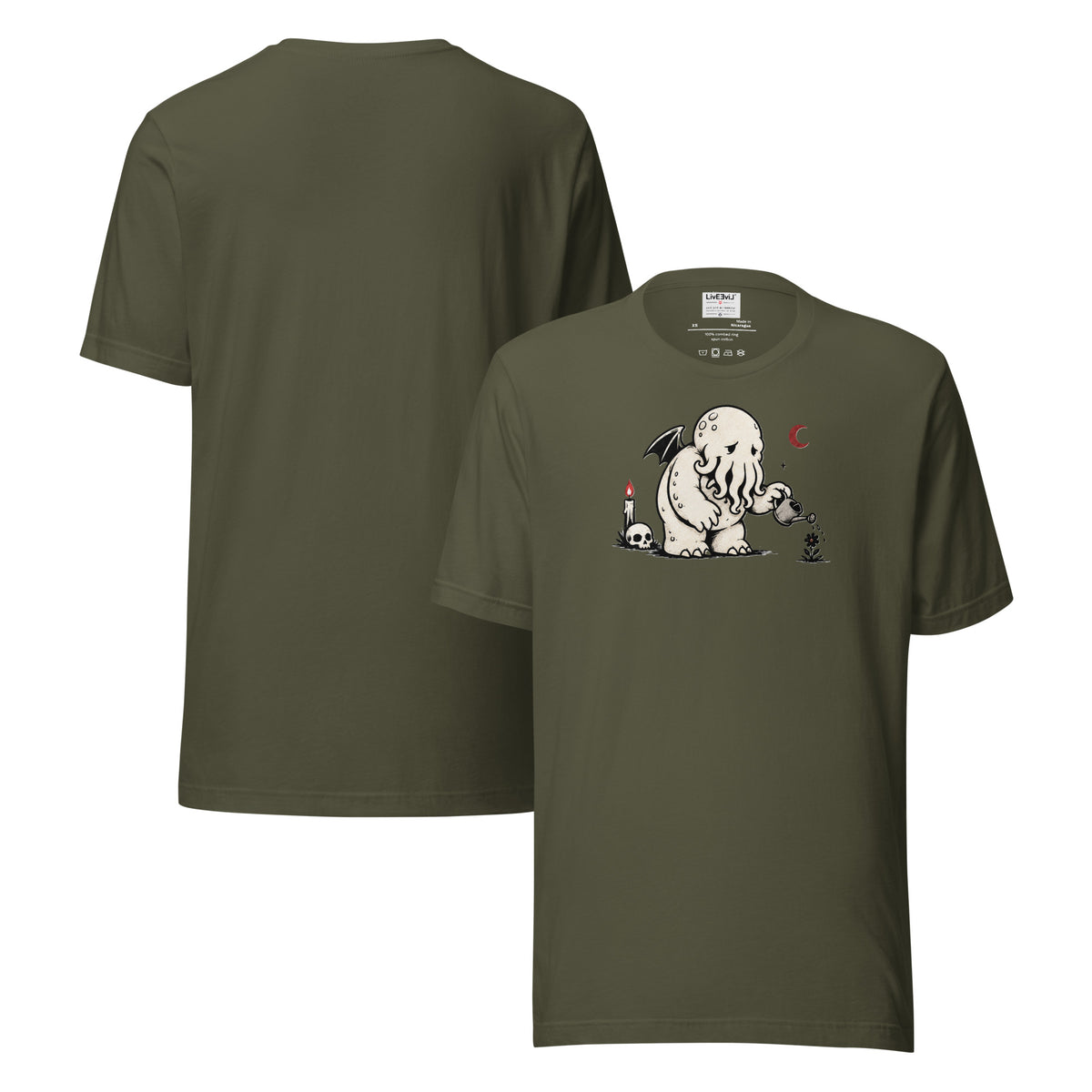 Water the Weird Cthulhu LivEƎvi⅃ graphic tee in military green, front and back view