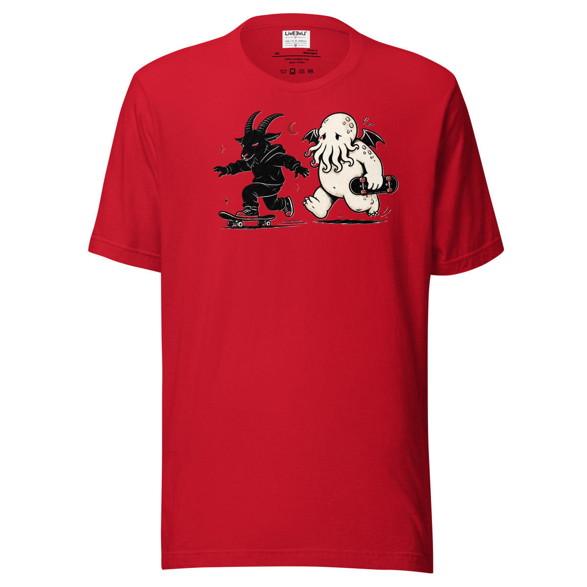 Skate & Summon LivEƎvi⅃ graphic tee in red, front view