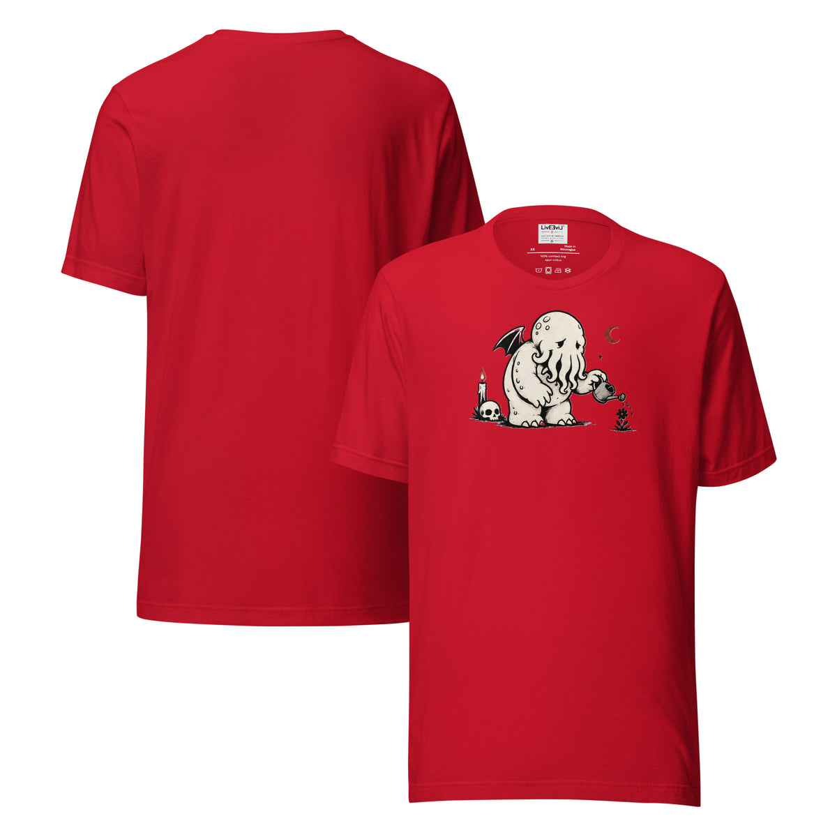 Water the Weird Cthulhu LivEƎvi⅃ graphic tee in red, front and back view