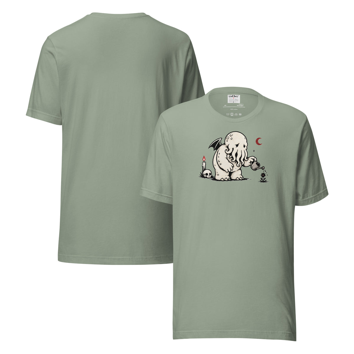 Water the Weird Cthulhu LivEƎvi⅃ graphic tee in sage, front and back view