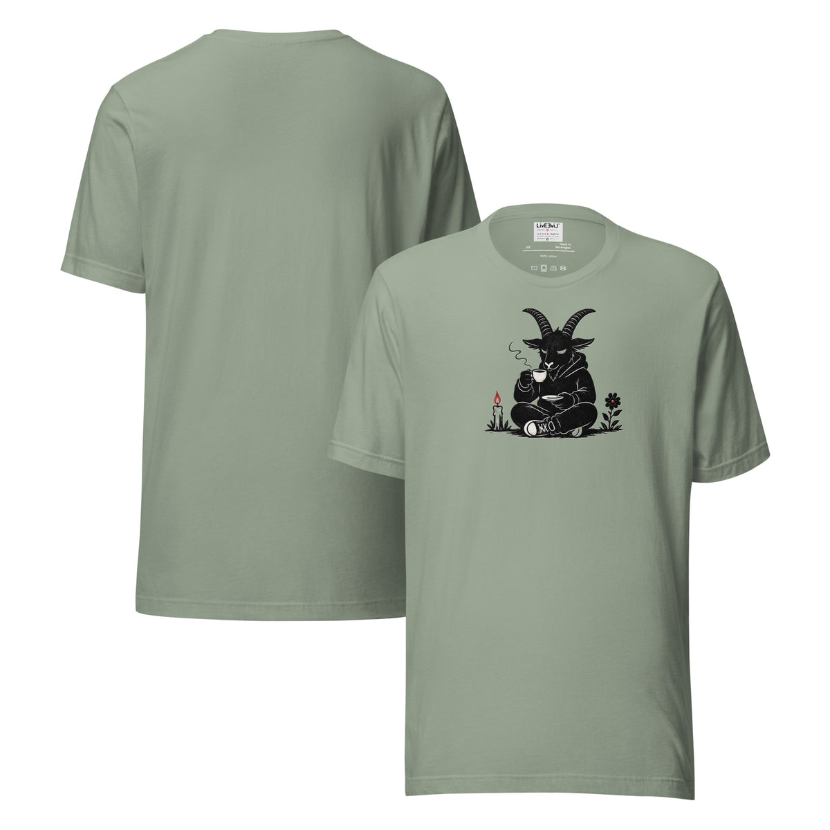 Baph's Tea Break LivEƎvi⅃ graphic tee in sage, front and back view