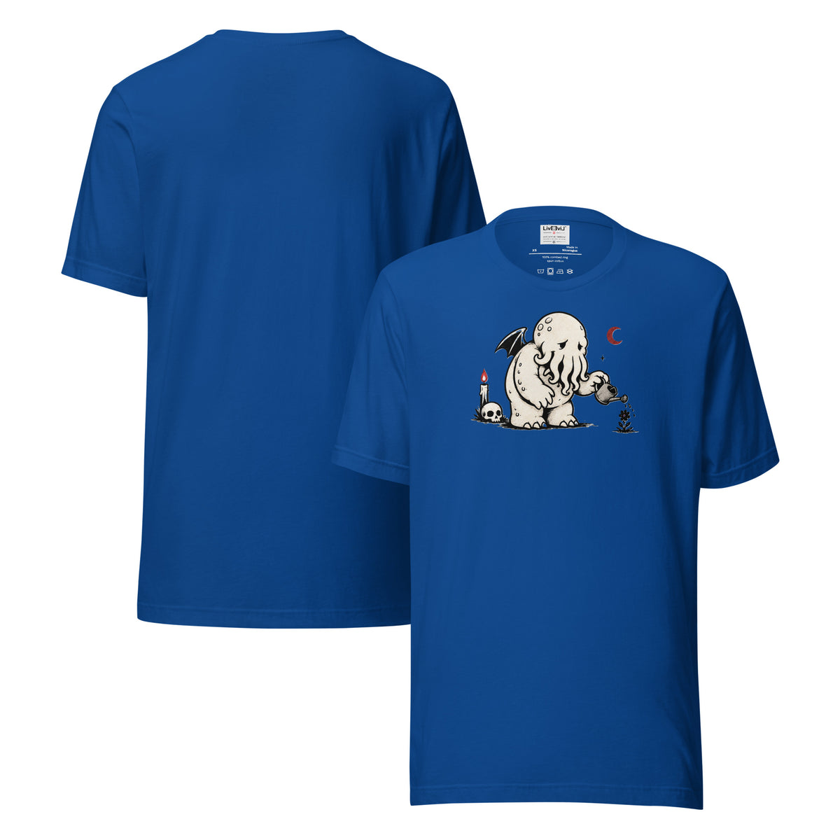 Water the Weird Cthulhu LivEƎvi⅃ graphic tee in true royal, front and back view