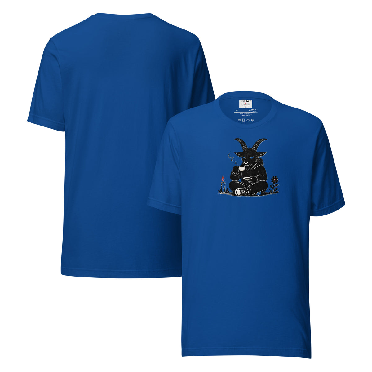Baph's Tea Break LivEƎvi⅃ graphic tee in true royal, front and back view